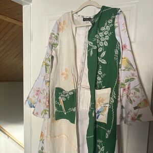 Bird & Botanical Panel Trench Coatigan in Green and White